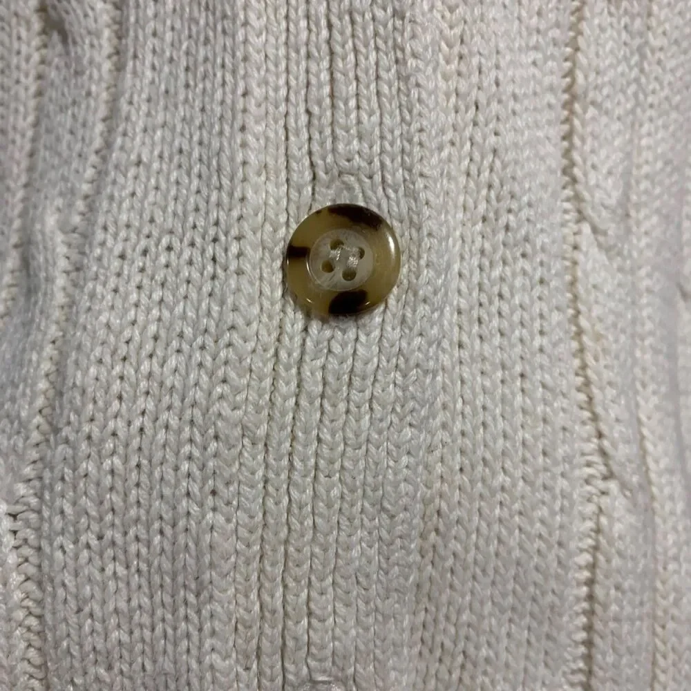 Vintage Womens Cream Cable Knit Sweater Vest L Button Front Pockets Sleeveless
